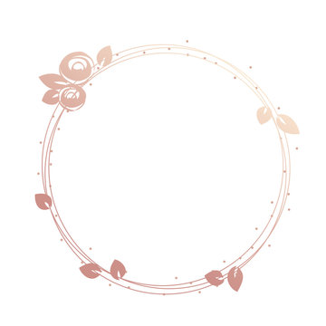 Feminine logo frame, wreath, gold roses and leaves, round shape