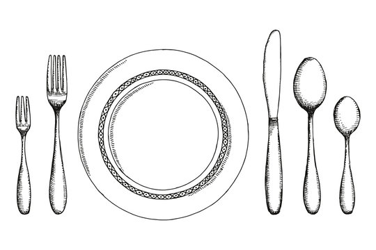 Plate knife fork and spoon sketch. cutlery set Vintage vector