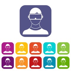 Virtual 3d reality goggles icons set