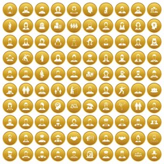 100 people icons set gold