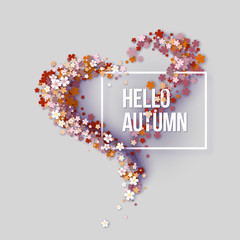 Hello autumn title texts poster design with frame flowers heart shaped. Fall background. Vector illustration