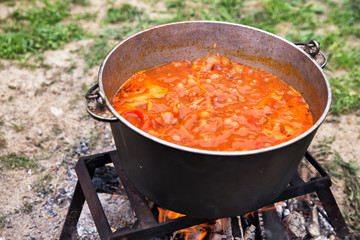 Tasty Hungarian goulash soup bograch with paprika and beef meat