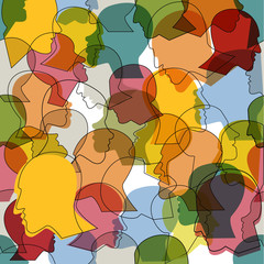 Seamless pattern of a crowd of many different people profile heads. Vector background.