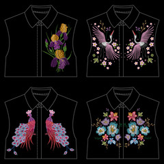Crane, peacock, irises, flowers, plant. Traditional folk stylish stylish embroidery on the black background. Sketch for printing on clothing, fabric, bag, accessories and design. Vector, trend