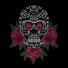 Skull and red roses. Traditional folk flower stylish embroidery on the black background. Sketch for printing on fabric, clothing, bag, accessories and design. Vector, trend