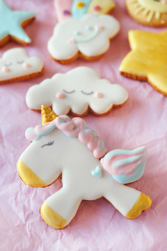 Gingerbread cookies covered with multi colored icing