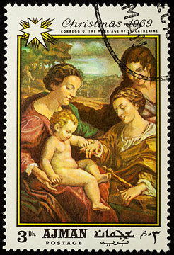 Painting "Marriage of St. Catherine" by Correggio on postage stamp