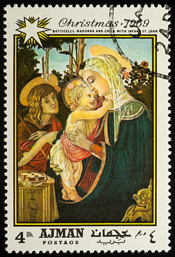 Painting "Madonna with child and St. John" by Botticelli on postage stamp