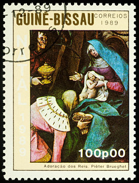 Painting "Adoration of the Kings" by Pieter Brueghel on postage stamp