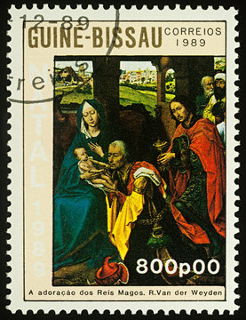 Painting "Adoration of the Magi" by Rogier van der Weyden on postage stamp