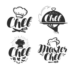 Chef, cook logo or label. Illustration for design menu restaurant or cafe. Lettering vector