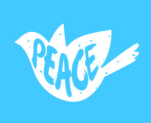 Silhouette of dove and lettering text Peace. Vector label.