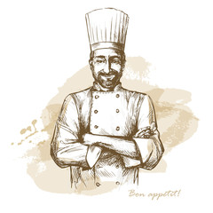 Smiling and happy chef. Vector hand drawn illustration on artistic watercolor background.