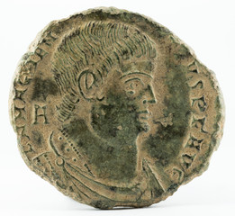 Ancient Roman copper coin of Emperor Magnentius. Obverse.