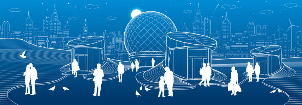 Modern city architecture. Entrance to underpass. Sphere building. Futuristic urban illustration. People walking at street. Airplane fly. Night town. White lines on blue background, vector design art