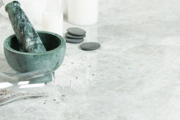 Spa Room. Aroma Salt. Mortar. Dried Lavender Flowers. Toiletries.