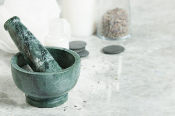 Spa Room. Aroma Salt. Mortar. Dried Lavender Flowers. Toiletries.