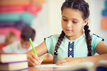 Cute smiling schoolgirl at school