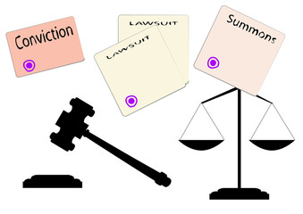 judicial forms, a judicial gavel and the scales of black color