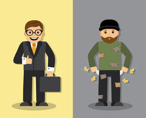 Happy successful businessman and sad homeless man with empty pockets and without money