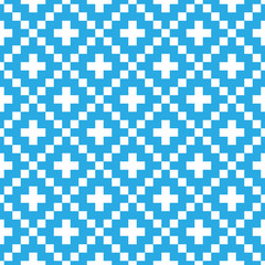 Pixel style vector seamless pattern. Blue ornaments on white background. Nordic style fabric swatch.