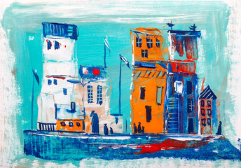 Abstract painting of city buildings