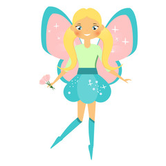 Beautiful flying fairy character with pink wings. Elf princess holding flowers. Winged girl in cartoon style
