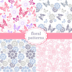 Set of patterns of flowers and butterflies in pastel pink and blue tones. Set of seamless vector patterns