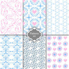 Collection of seamless pattern in blue and pink colors. Endless texture with hearts and flowers.