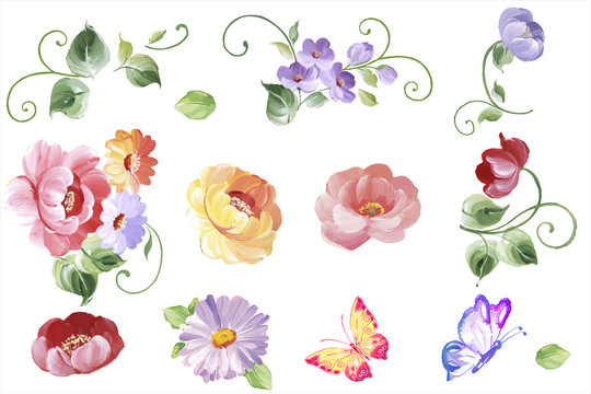 Set watercolor floral elements - leaves and flowers in vector. Isolated on the white background, easy editable and great for floral compositions.Design for invitation, wedding or greeting cards