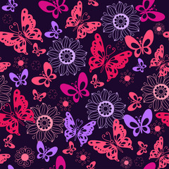 Cute pink butterflies on a blue background. Seamless pattern of flowers and butterflies. Vector illustration