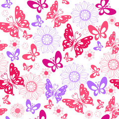 Cute pink butterflies on a white background. Seamless pattern of flowers and butterflies. Vector illustration