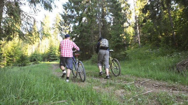 Man and woman walking with bicycles on a forest road in summer