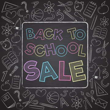 Back to School Sale - poster with sketches on blackboard. Vector.