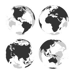 Set of transparent Earth globes with grey land silhouette map. Vector illustration.