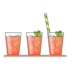 Peach lemonade with fruit slices, ice and meant in glass with straw, cut lemon and peach. Isolated on white background.