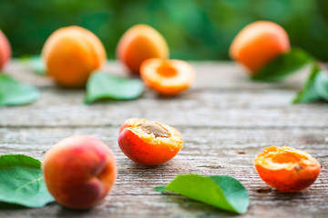 Beautiful ripe orange apricots with leaves on old wooden boards on a background of nature