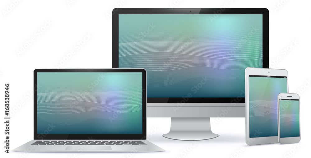 Wall mural computer monitor, tablet pc, laptop, smart phone vector illustration with abstract screen