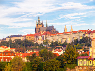 Sunny colorful morning in Prague. View of Prague Castle from Vltava river, Czech Republic.