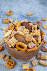 Homemade Salty Snack Party Mix with Pretzels and Cereal