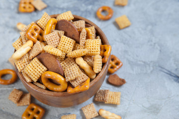 Homemade Salty Snack Party Mix with Pretzels and Cereal