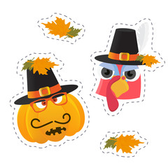 Vector stickers templates for Thanksgiving Day: turkey bird face and pumpkin character with pilgrim hat on. Thanksgiving turkey bird mascot face sticker. Autumn or fall leaves sticker.