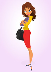 Business woman or teacher character with folder for papers and handbag posing. Vector. Cartoon woman in red dress and yellow shirt. Character vector isolated
