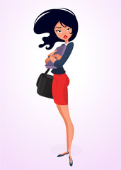Business woman or teacher character with folder for papers and handbag posing. Vector. Cartoon woman in red dress and blue shirt. Character isolated