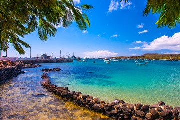 The bay with a dock in the Galapagos Islands. Pacific Ocean. Ecuador. The Galapagos Islands. Isla San Cristobal Island