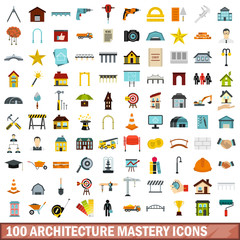 100 architecture mastery icons set, flat style