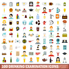 100 drinking examination icons set, flat style