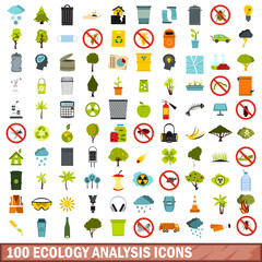 100 ecology analysis icons set, flat style