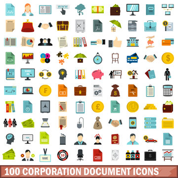 100 corporation document icons set, flat style