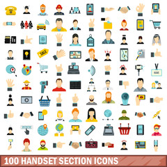 100 handset section icons set, flat style